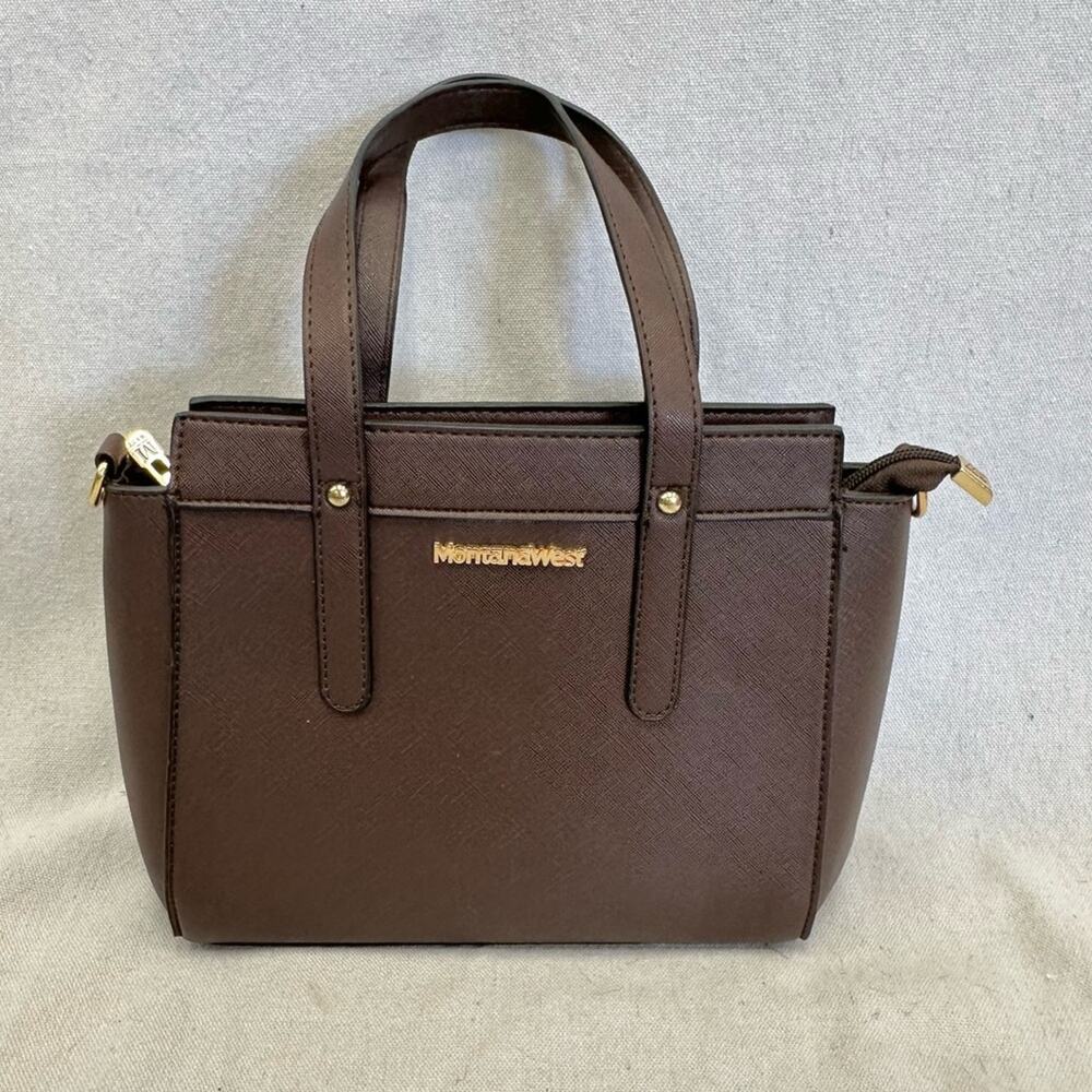 Montana West PU leather brown PU coated leather medium satchel bag gold hardware